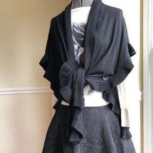 Unworn, black drapey cardigan shawl, ruffles